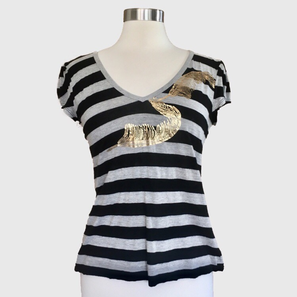 Arden B Black + Grey Striped T-shirt w Gold Leaf